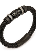 Men's Braided Black Leather Bracelet with Black Stainless Steel Beads 8.5"