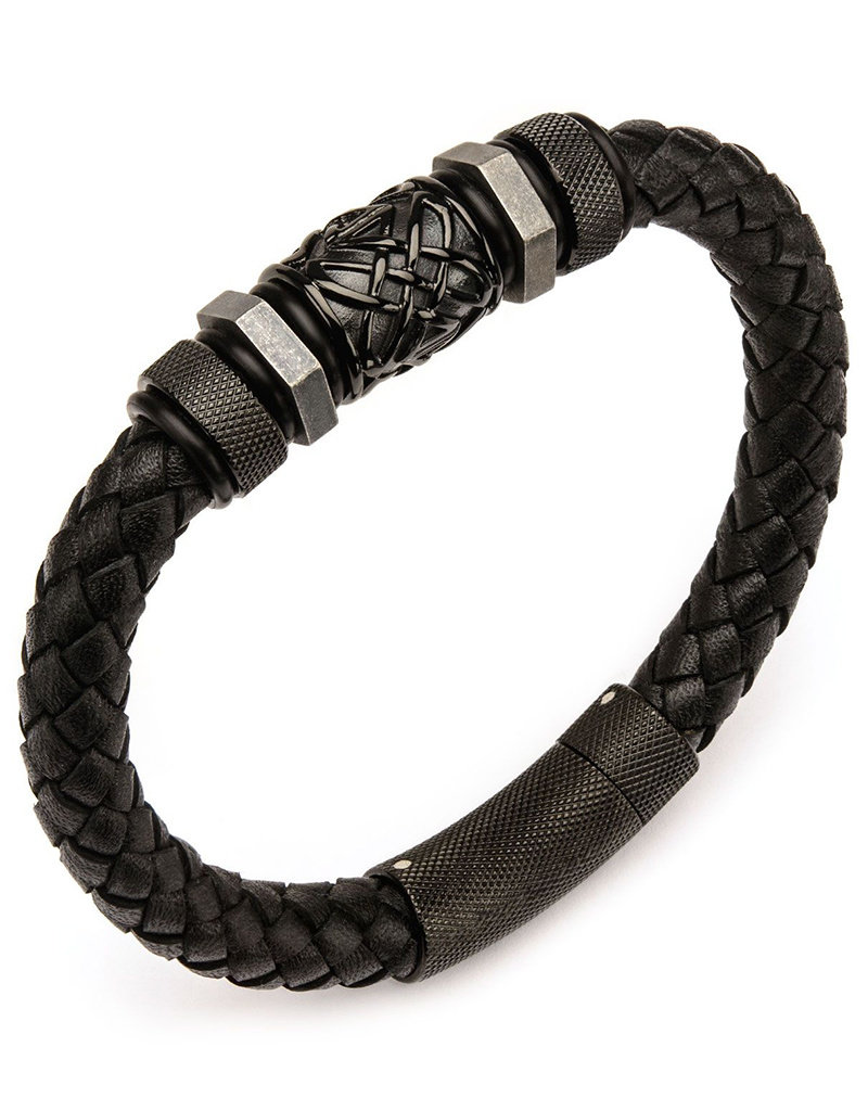 Men's Braided Black Leather Bracelet with Black Stainless Steel Beads 8.5"