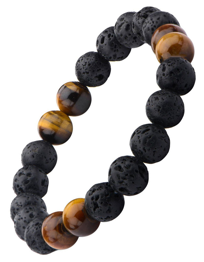 Men's 8mm Black Lava and Tiger Eye Bead Stretch Bracelet