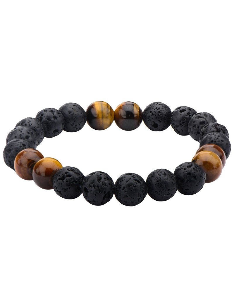 Men's 8mm Black Lava and Tiger Eye Bead Stretch Bracelet