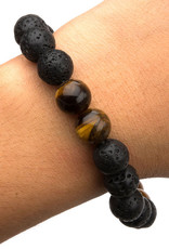 Men's 8mm Black Lava and Tiger Eye Bead Stretch Bracelet