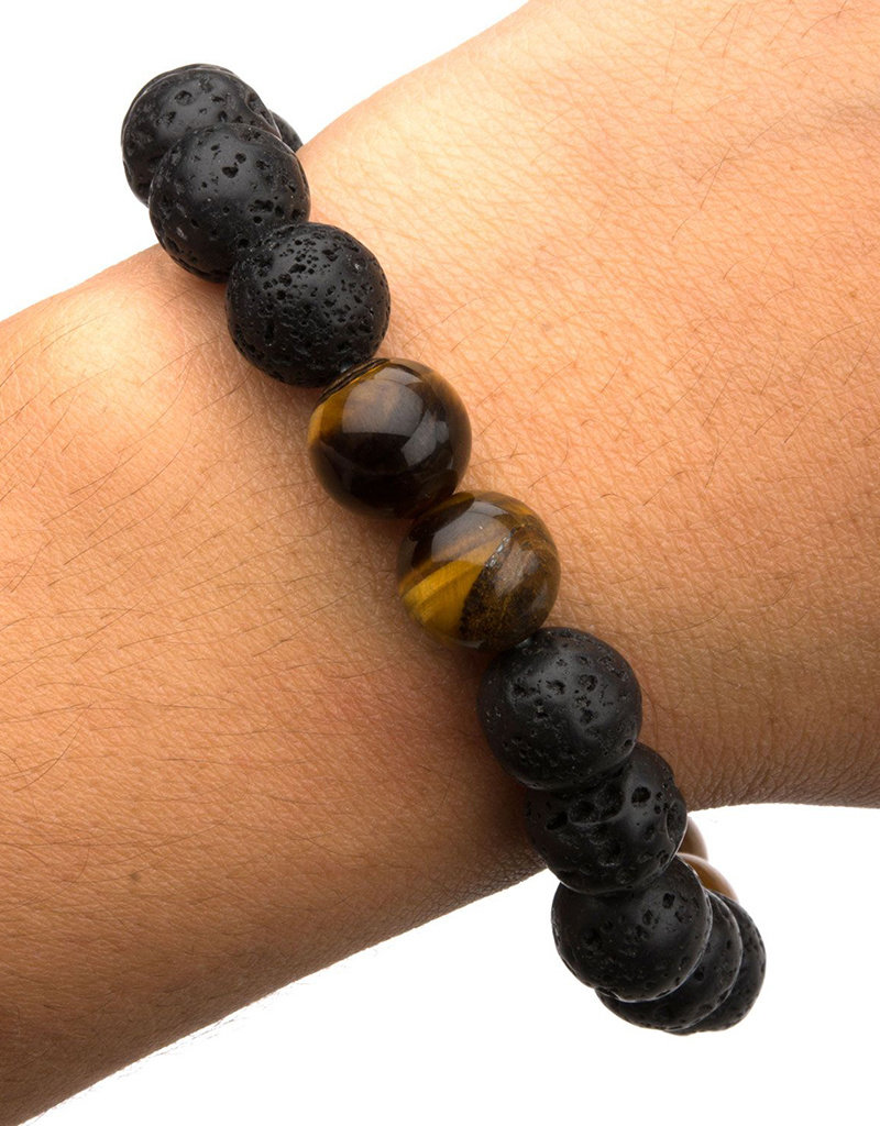 Men's 8mm Black Lava and Tiger Eye Bead Stretch Bracelet