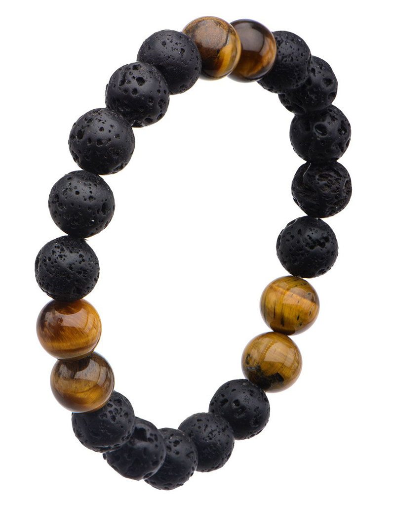 Men's 8mm Black Lava and Tiger Eye Bead Stretch Bracelet