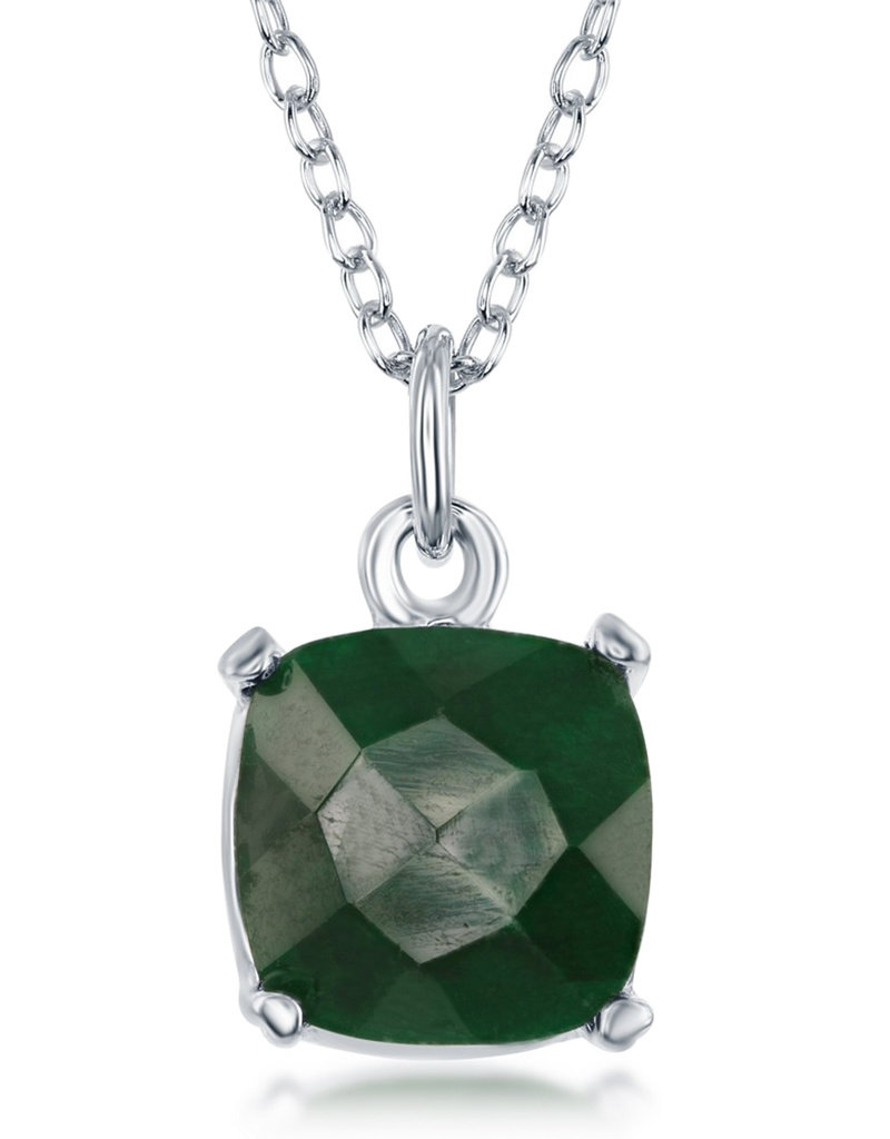 Sterling Silver Cushion Cut Emerald Necklace 16"+2" Extender