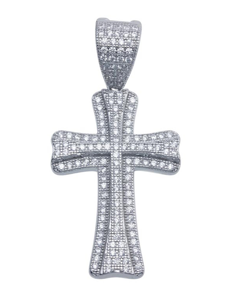 Men's Sterling Silver Double Cross CZ Hip Hop Pendant