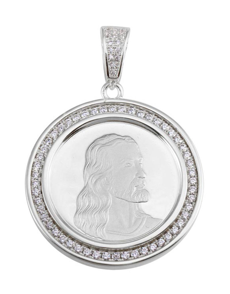 Men's Sterling Silver CZ Jesus Medallion Pendant