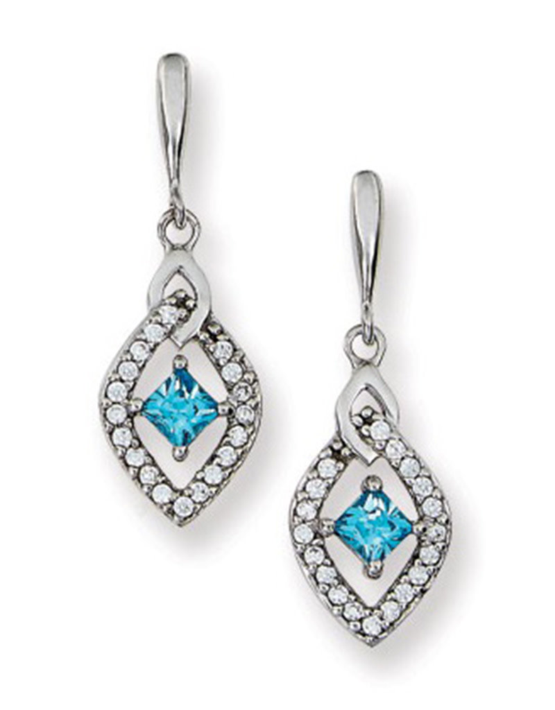 Sterling Silver Square Blue Cubic Zirconia Dangle Post Earrings 25mm