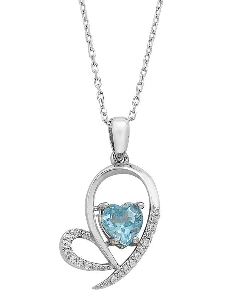 Sterling Silver Heart Blue Topaz and White Topaz Necklace 18"