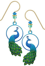 Etched Brass Peacock Earrings Printed in Blues and Greens
