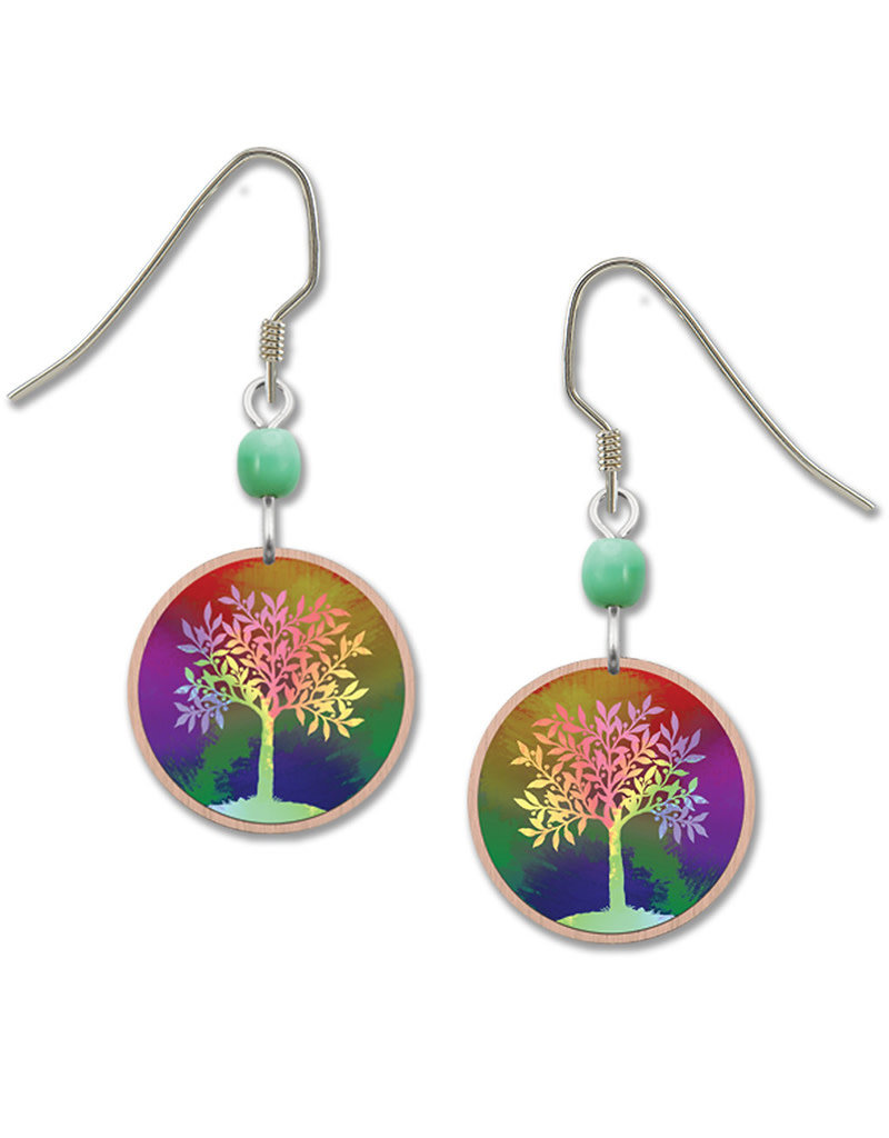 Copper Disk Earrings with Multi-Color Tree Print