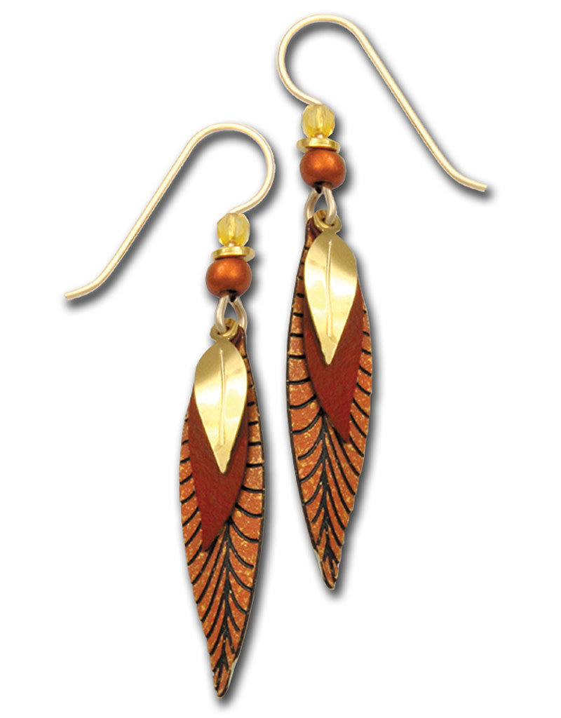 Three-Part Slender Leaves Earrings in Copper Colors and Gold Plating