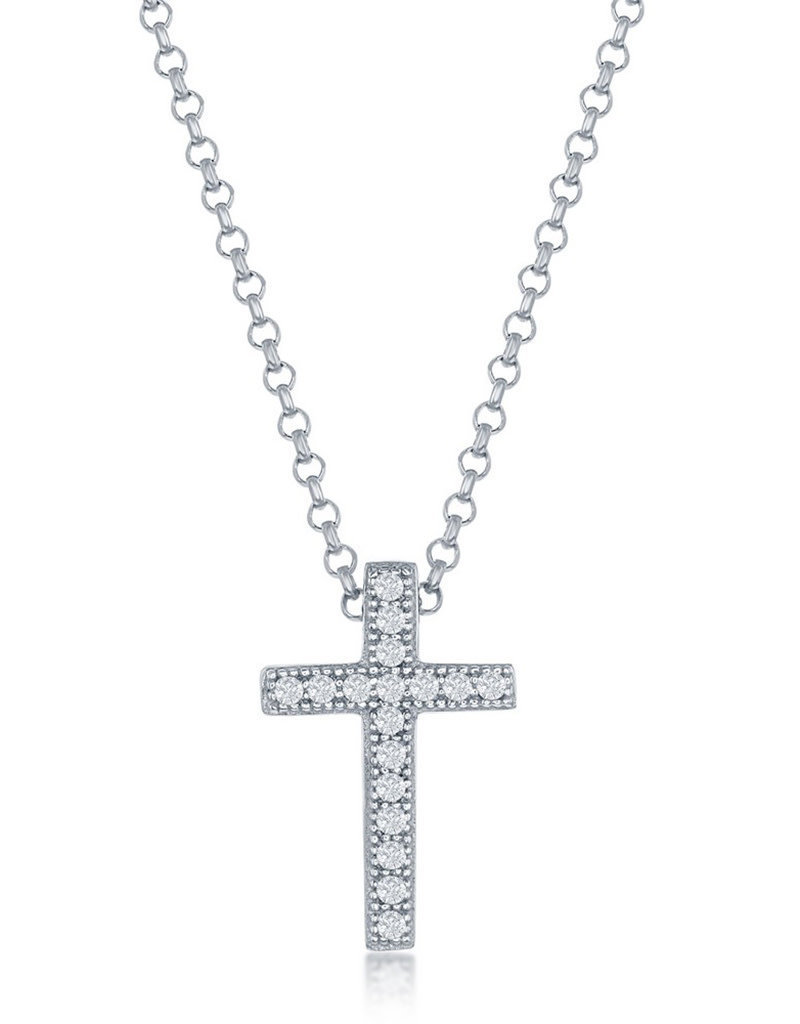 Sterling Silver 14mm Cross with Pave Cubic Zirconia Necklace 18" (Includes Chain)