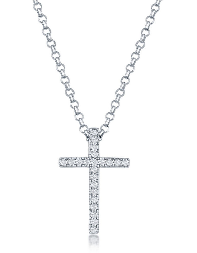 Sterling Silver 17mm Cross with Pave Cubic Zirconia Necklace 18" (Includes Chain)