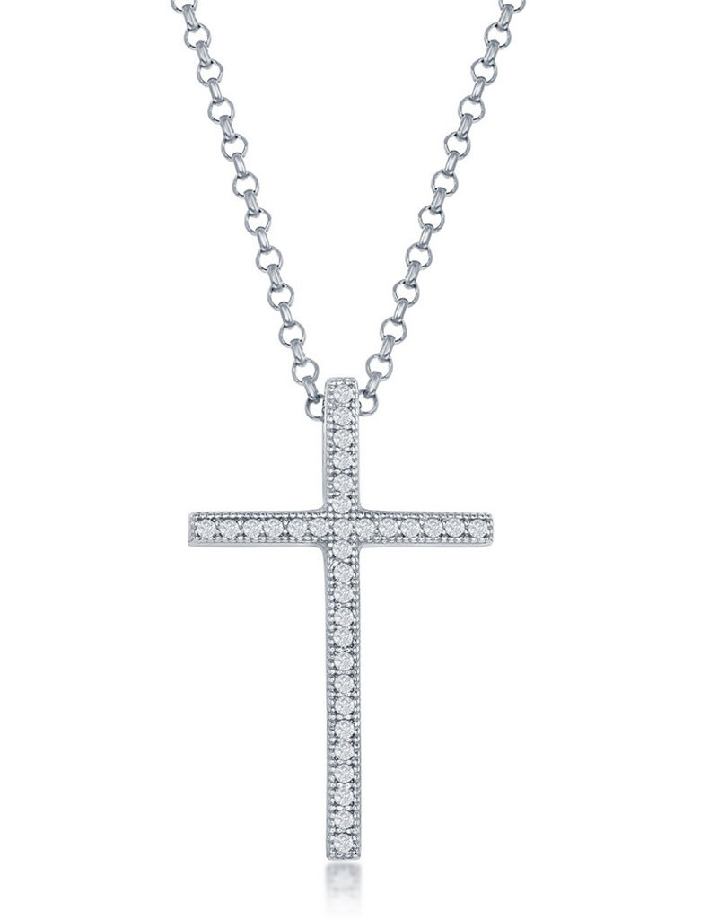 Sterling Silver 26mm Cross with Pave Cubic Zirconia Necklace 18" (Includes Chain)