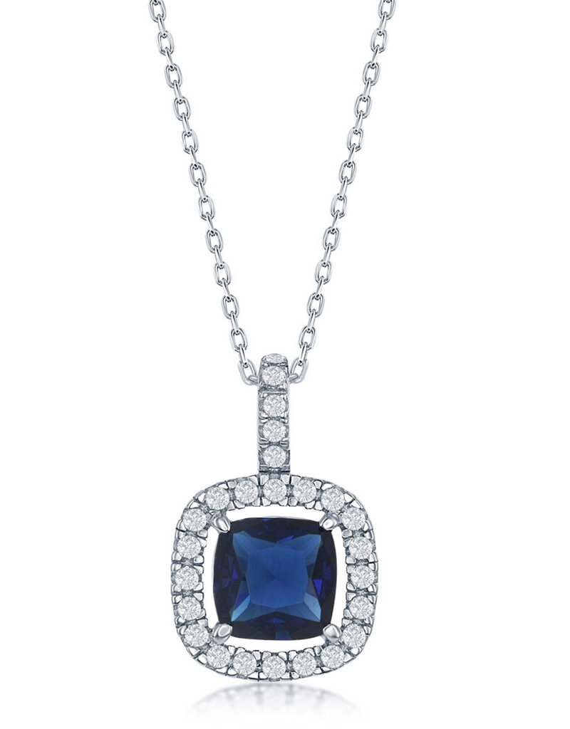 Sterling Silver Cushion Cut Sapphire Colored Cubic Zirconia Necklace 18" (Includes Chain)