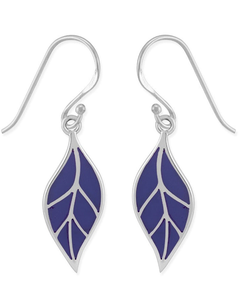 Sterling Silver Purple Enamel Leaf Earrings 20mm