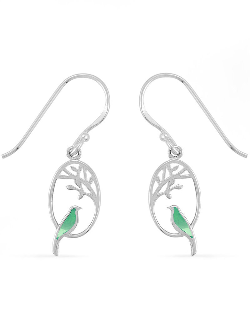 Sterling Silver Green Bird and Branch Earrings