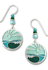 Aqua Green Disc Earrings with Imitation Rhodium Breaking Wave Pictorial Overlay