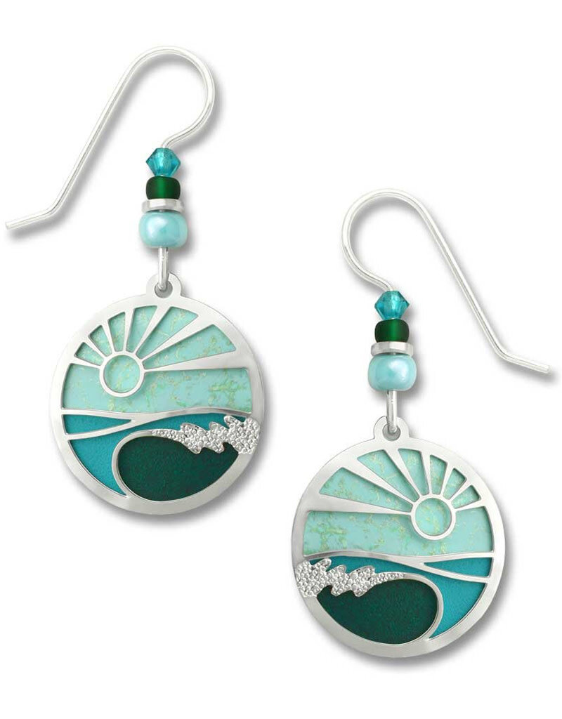 Aqua Green Disc Earrings with Imitation Rhodium Breaking Wave Pictorial Overlay