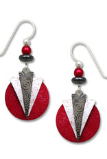 Hematite Gray and White Triangles Over Red Disk Earrings