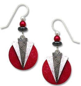 Gray and White Triangles Over Red Disk Earrings