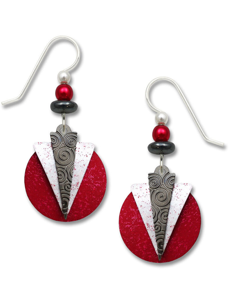 Hematite Gray and White Triangles Over Red Disk Earrings