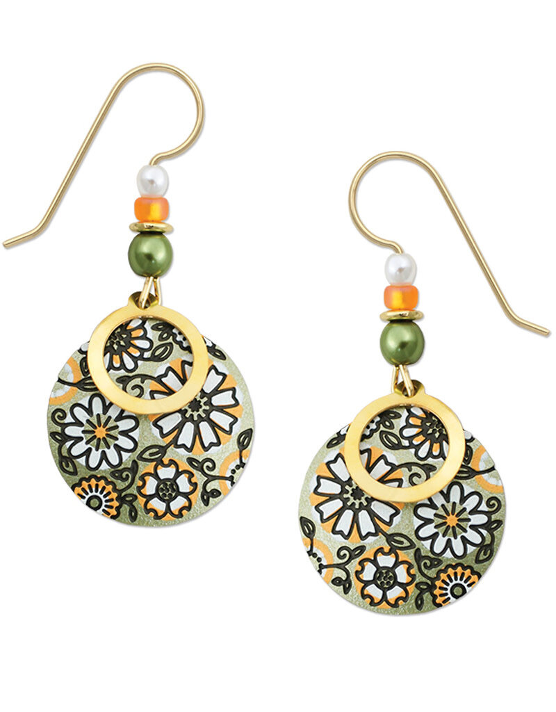 Gold Plated Circle Over Soft Olive and Apricot Retro Floral Disk