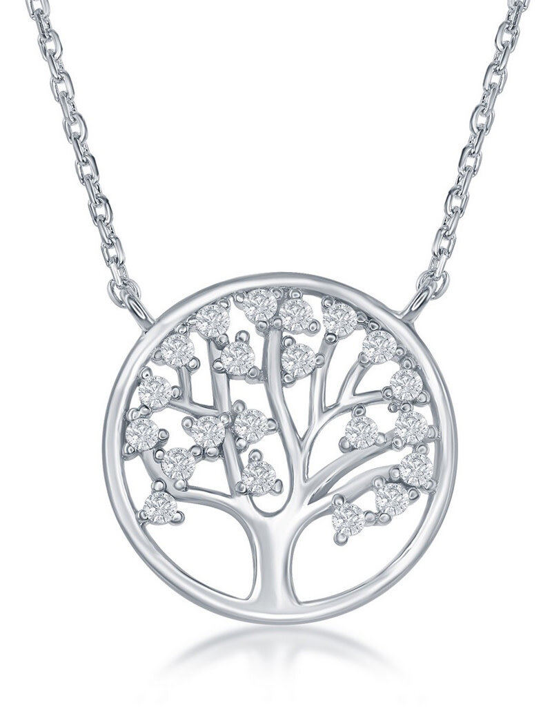 Sterling Silver Tree of Life Cubic Zirconia Necklace 16"+2" Extender