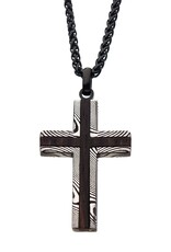Men's Stainless Steel Damascus Wood Cross Necklace 24"