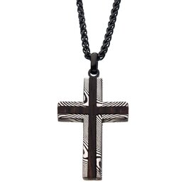 Damascus Wood Cross Necklace 24"