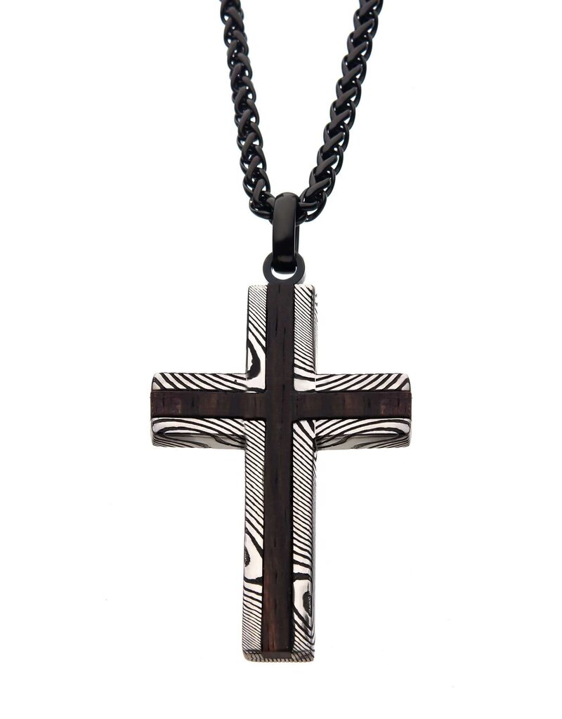 Men's Stainless Steel Damascus Wood Cross Necklace 24"