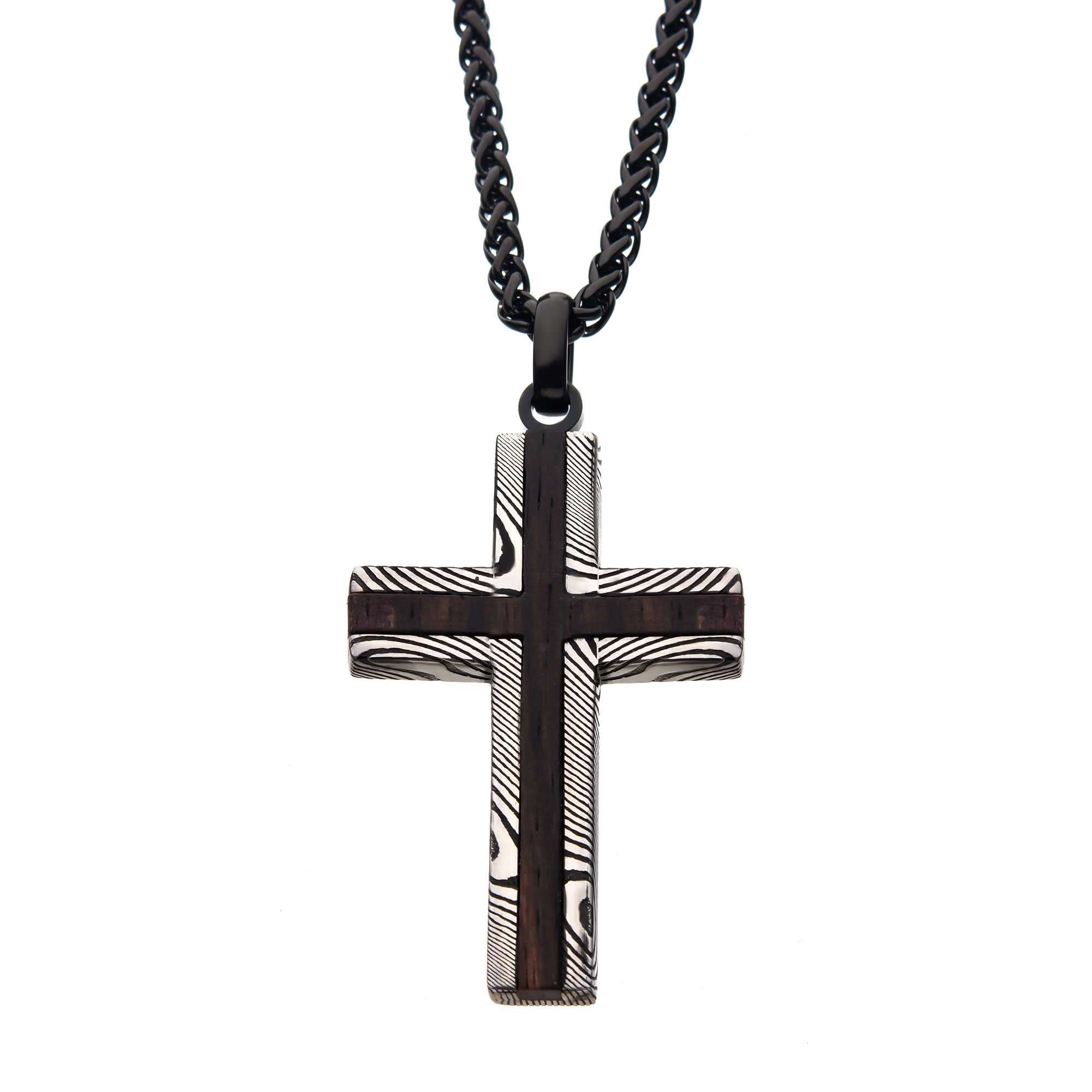 Damascus Wood Cross Necklace 24"