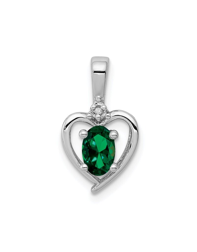 Sterling Silver Heart with Created Emerald and Diamond Necklace 18"