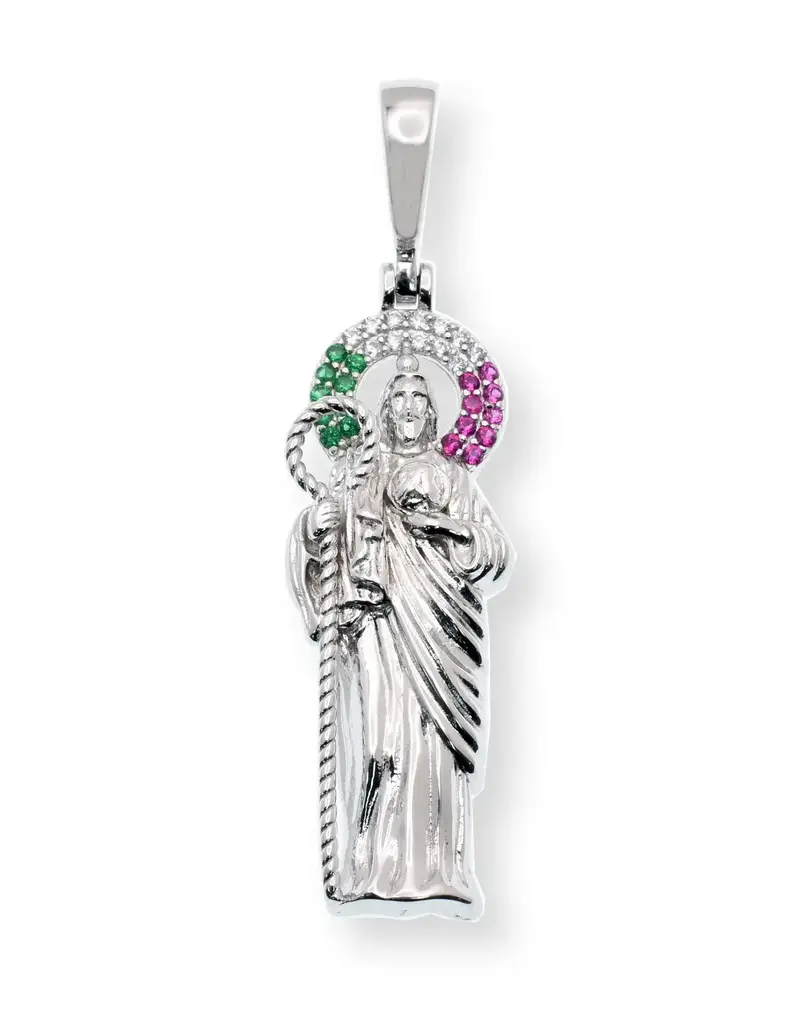 Sterling Silver St. Jude Red & Green CZ Pendant