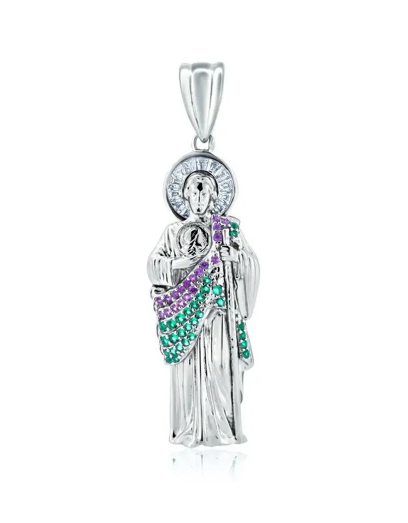 Sterling Silver St. Jude Red & Green CZ Pendant