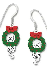 White Kitten Hanging from Wreath Earrings