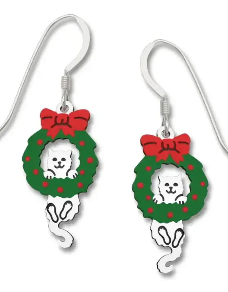 White Kitten Hanging from Wreath Earrings