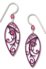 Radiant Orchid Magenta Leaf Shape Filigree with Tendrils Earrings and Light Amethyst Glass Cabochon