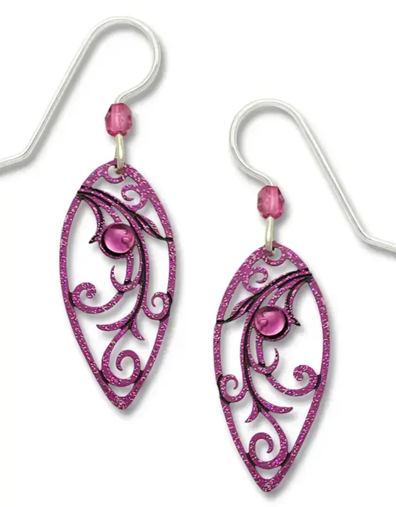Radiant Orchid Magenta Leaf Shape Filigree with Tendrils Earrings and Light Amethyst Glass Cabochon