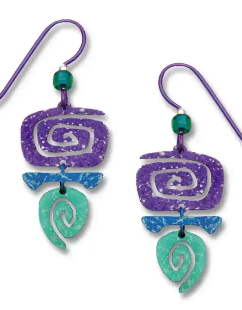 Three-Part Rectangular Spiral Earrings in Purple, Blue and Green