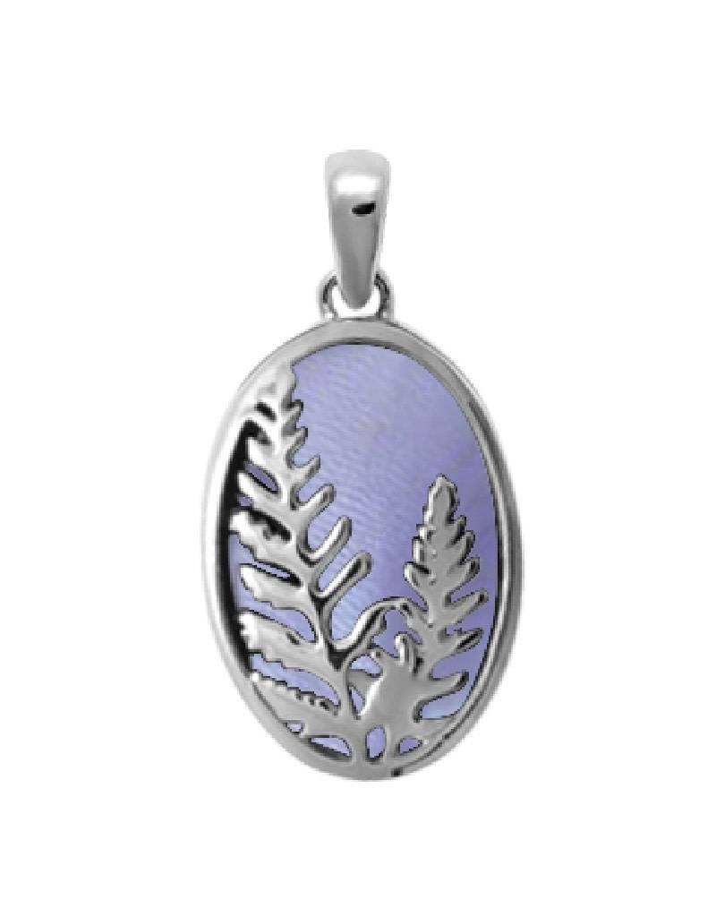 Sterling Silver Oval with Leaves Purple Mother of Pearl Pendant 18mm