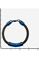 Men's Black Braided Leather with Stainless Steel Blue Plated Hammered Beads Bracelet 8.5"