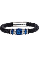 Men's Black Leather and Blue Stainless Steel Bead Bracelet 8.5"