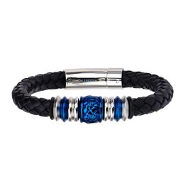 Black Leather Blue Bead Bracelet 8.5"