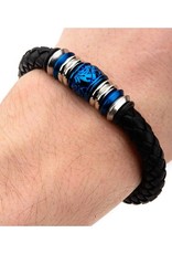 Men's Black Leather and Blue Stainless Steel Bead Bracelet 8.5"