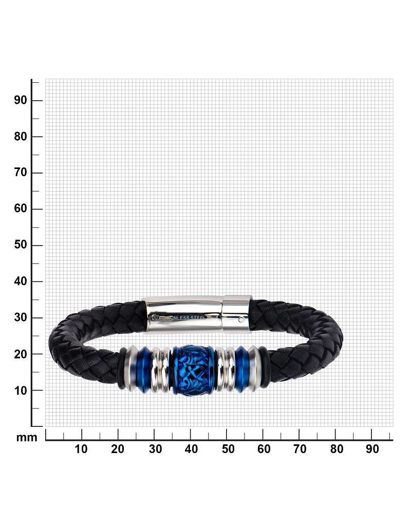 Men's Black Leather and Blue Stainless Steel Bead Bracelet 8.5"