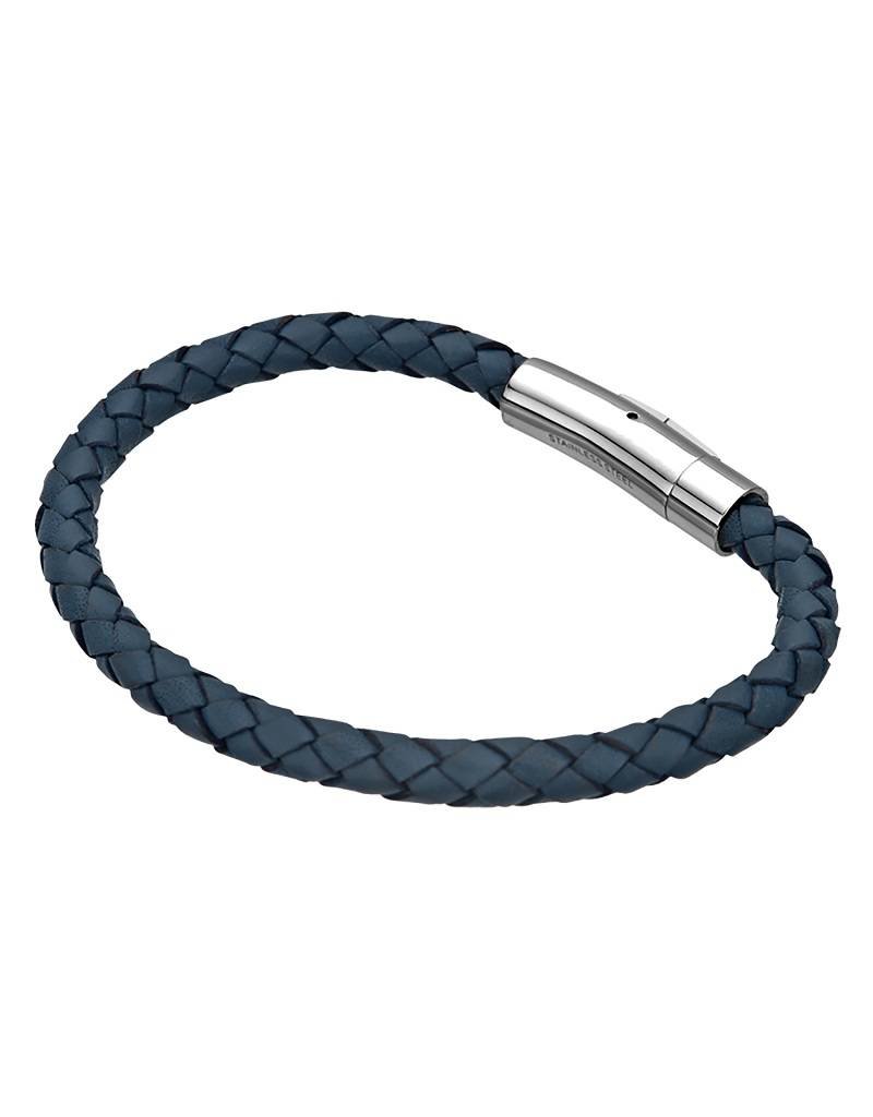 Stainless Steel Blue Braided Leather Bracelet 8.5"