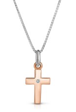 Sterling Silver Cross with 14k Rose Gold Vermeil Finish and Diamond Necklace 18"