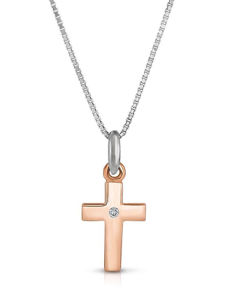 Sterling Silver Cross with 14k Rose Gold Vermeil Finish and Diamond Necklace 18"