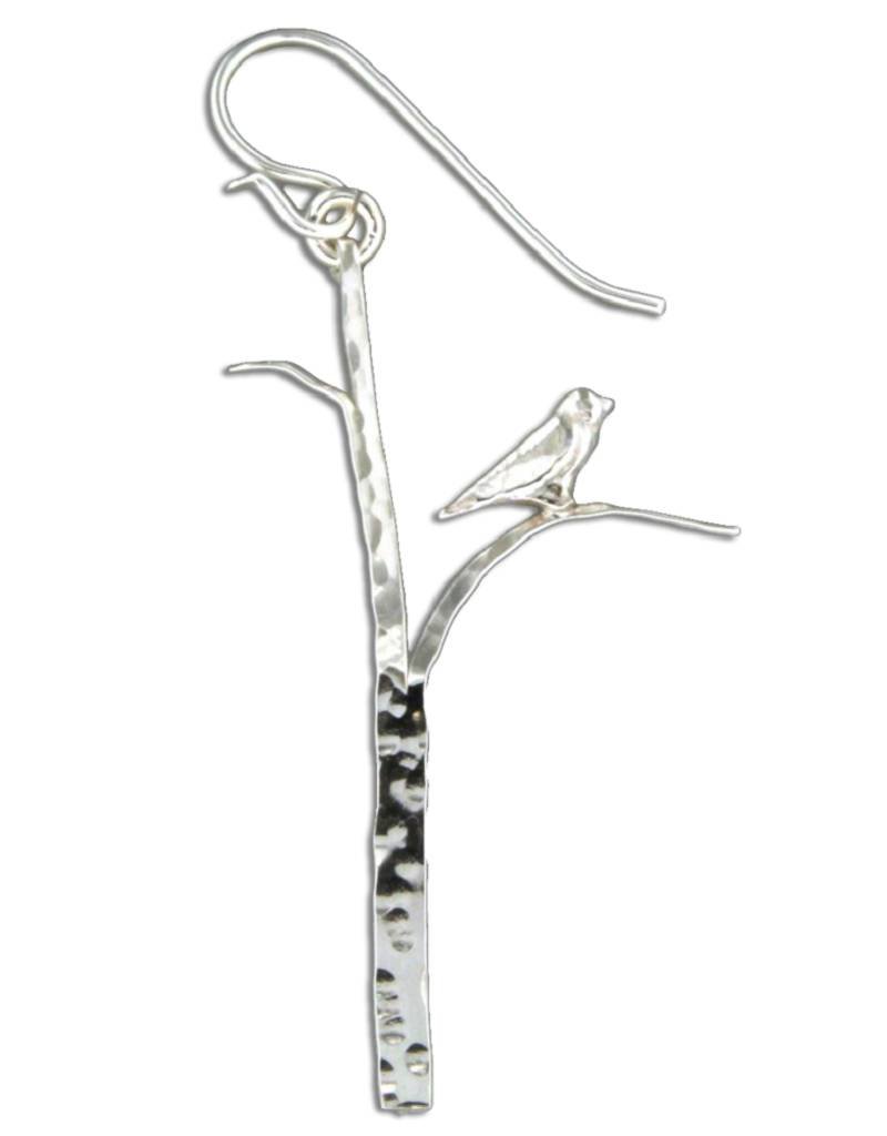 Sterling Silver Bird on Branch Hammered Earrings 45mm